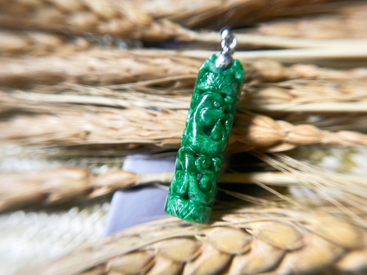 Green Jade Dragon and Phoenix Pendant with Intense Color