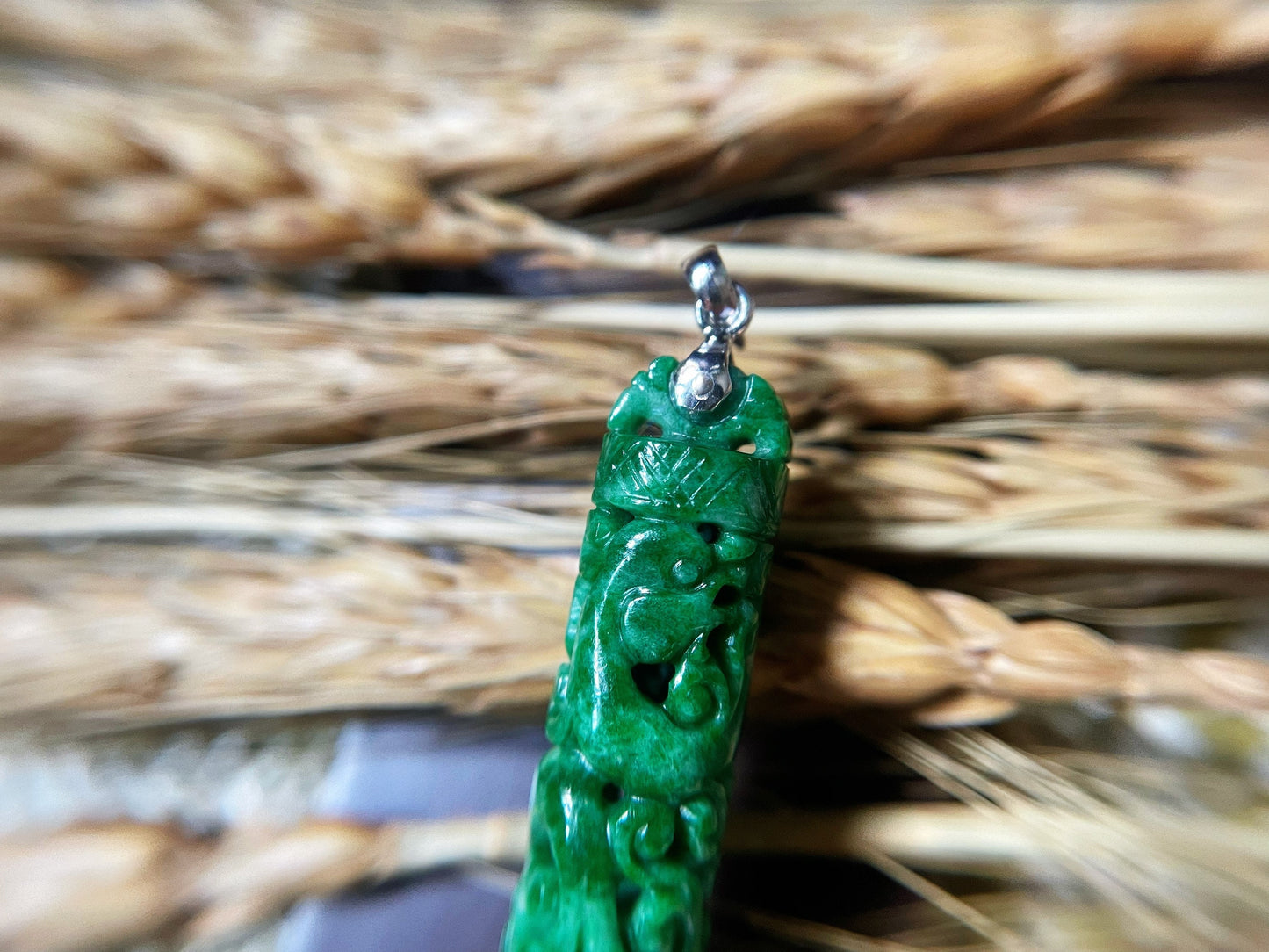 Green Jade Dragon and Phoenix Pendant with Intense Color