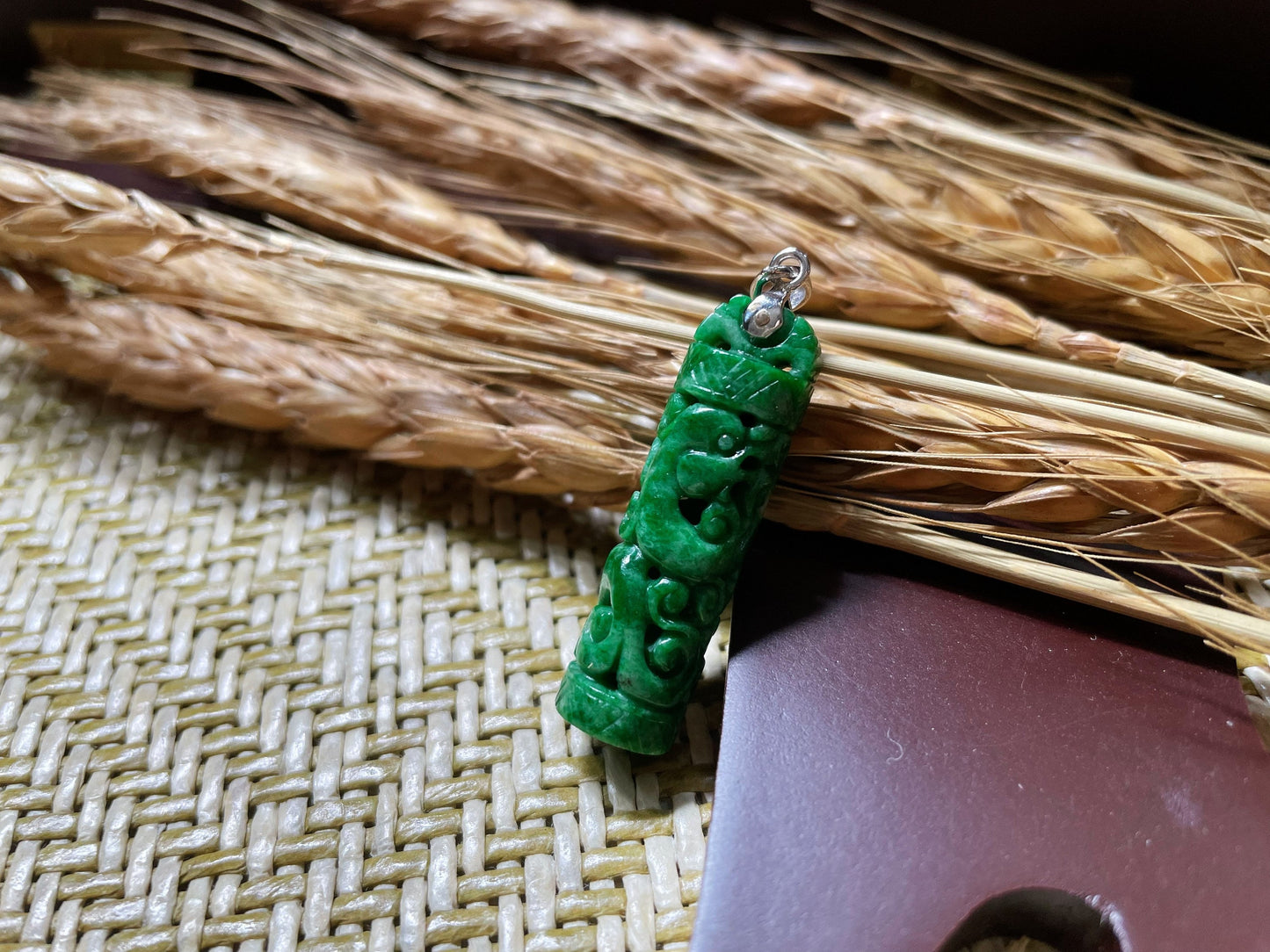 Green Jade Dragon and Phoenix Pendant with Intense Color