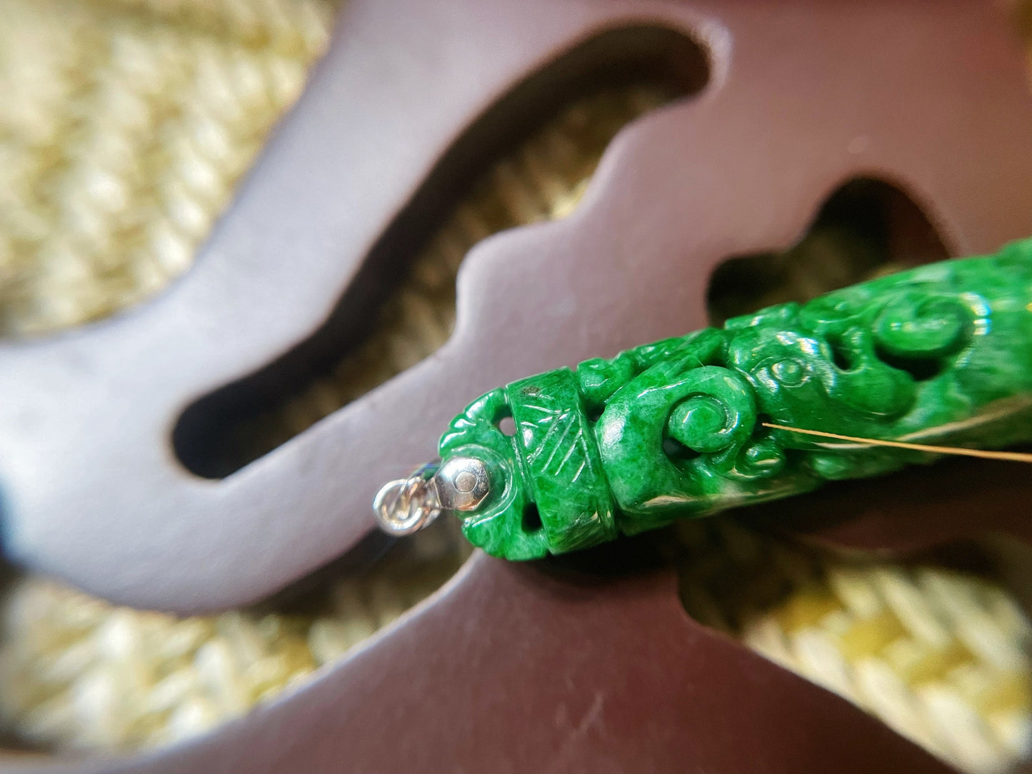 Green Jade Dragon and Phoenix Pendant with Intense Color