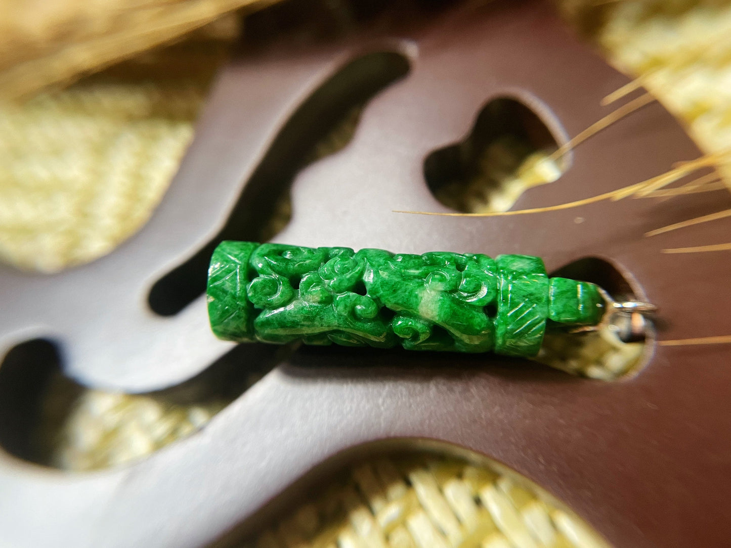 Green Jade Dragon and Phoenix Pendant with Intense Color