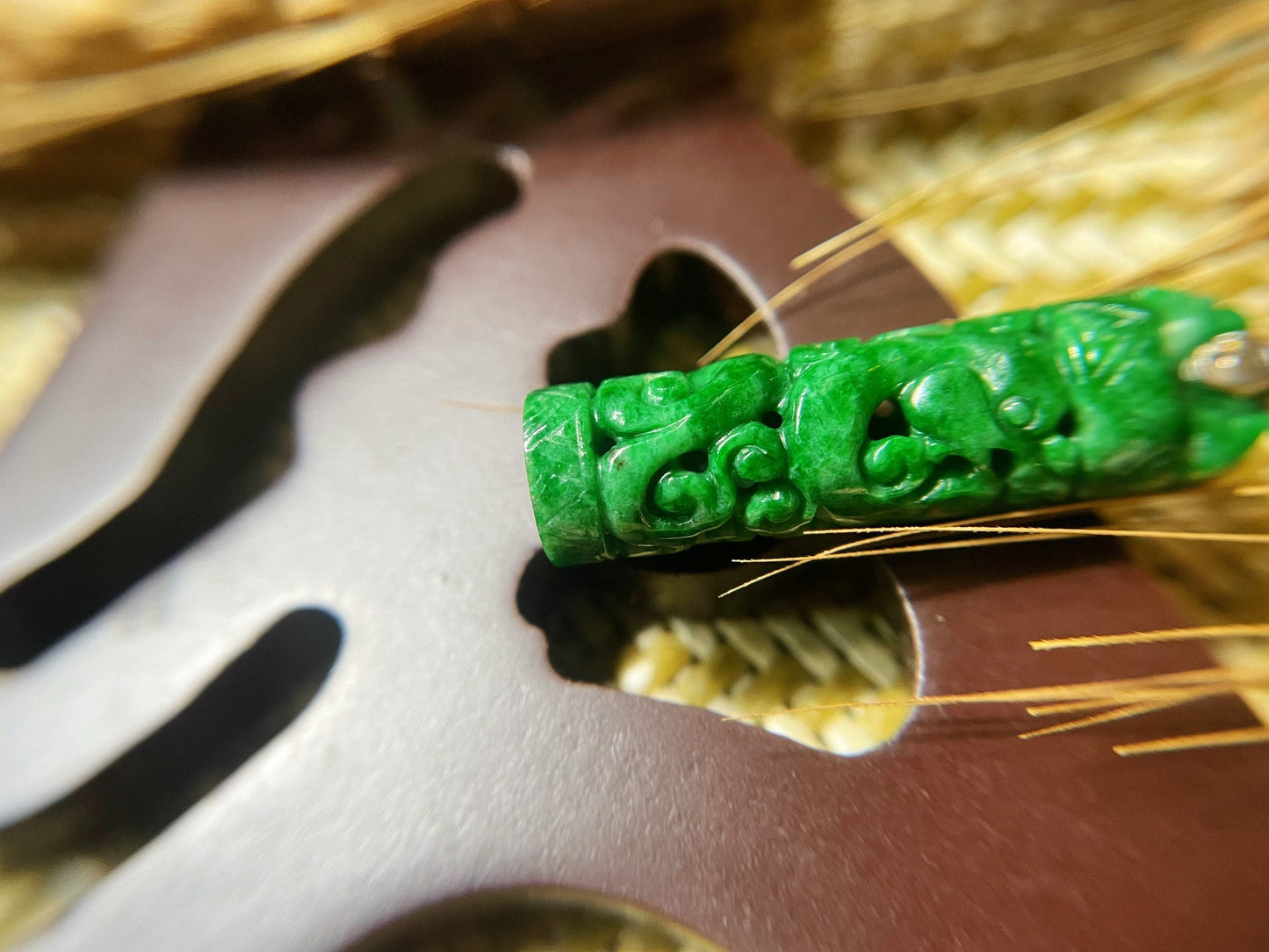 Green Jade Dragon and Phoenix Pendant with Intense Color