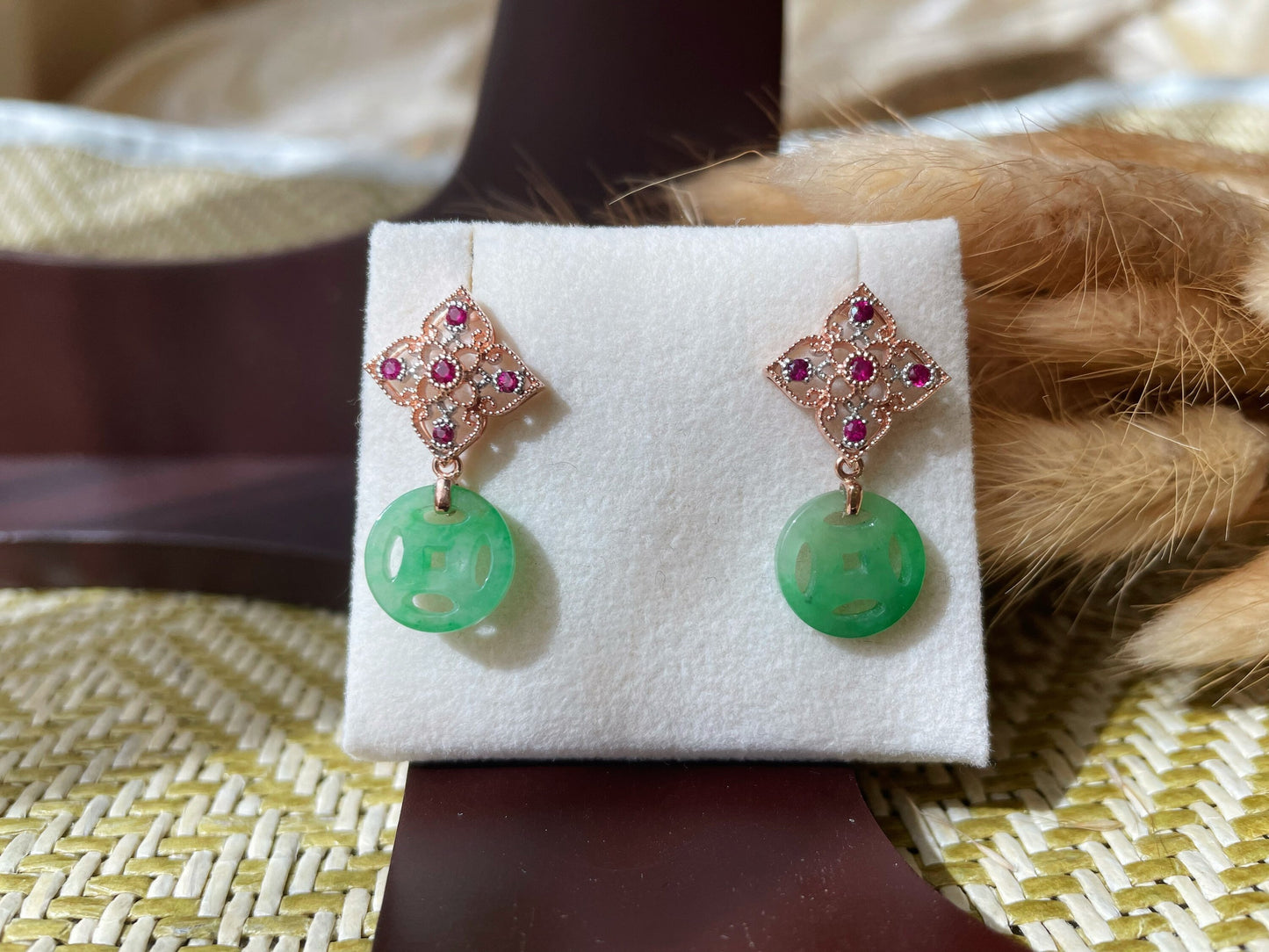 Green Jade Ancient Coin Earrings with Ruby and 18K Gold Detail