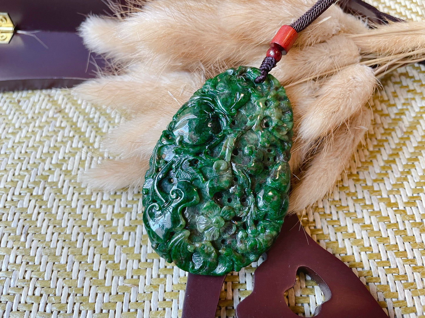 Green Jade Ruyi Necklace Pendant - Longetivity Jade Peach Flower Bat Design