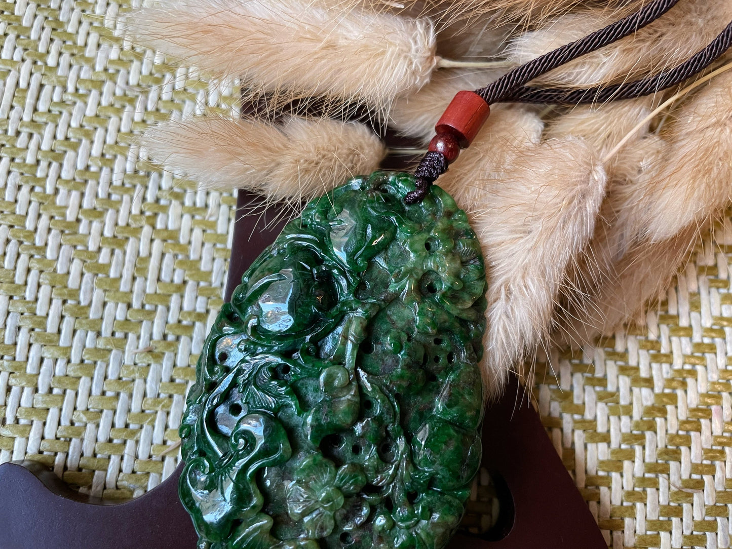 Green Jade Ruyi Necklace Pendant - Longetivity Jade Peach Flower Bat Design