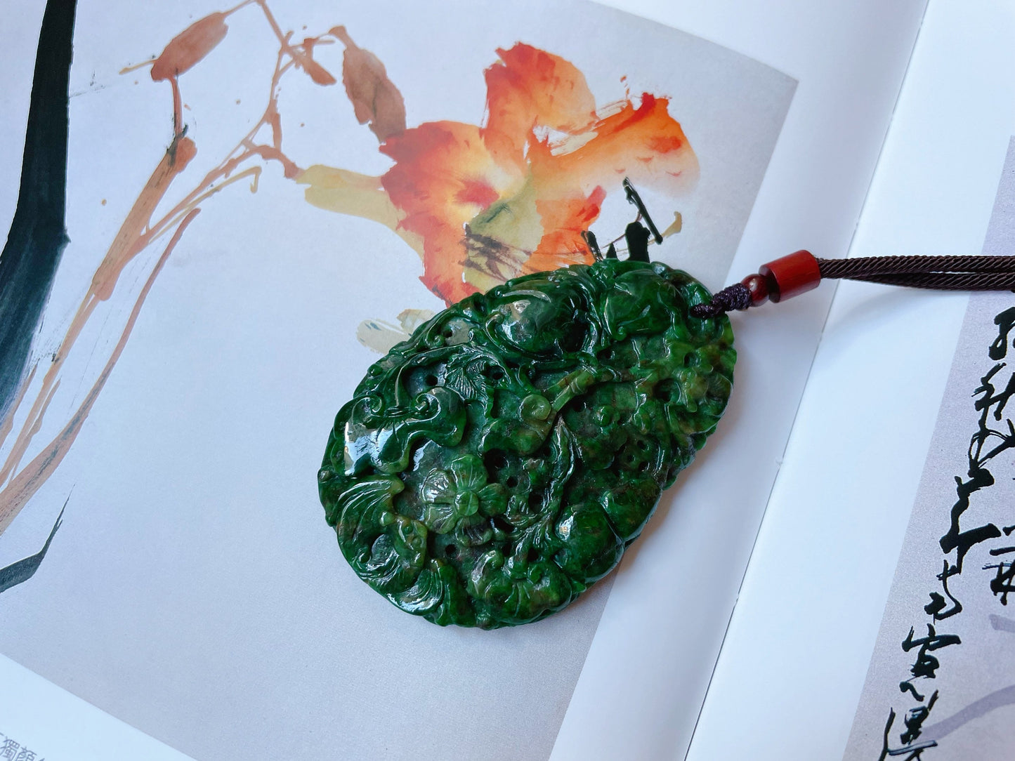 Green Jade Ruyi Necklace Pendant - Longetivity Jade Peach Flower Bat Design