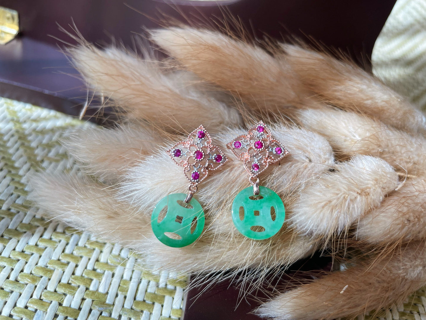 Green Jade Ancient Coin Earrings with Ruby and 18K Gold Detail