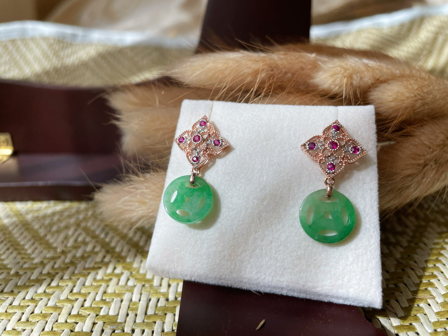 Green Jade Ancient Coin Earrings with Ruby and 18K Gold Detail