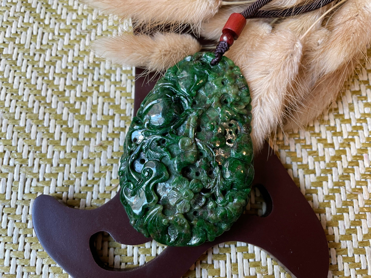 Green Jade Ruyi Necklace Pendant - Longetivity Jade Peach Flower Bat Design