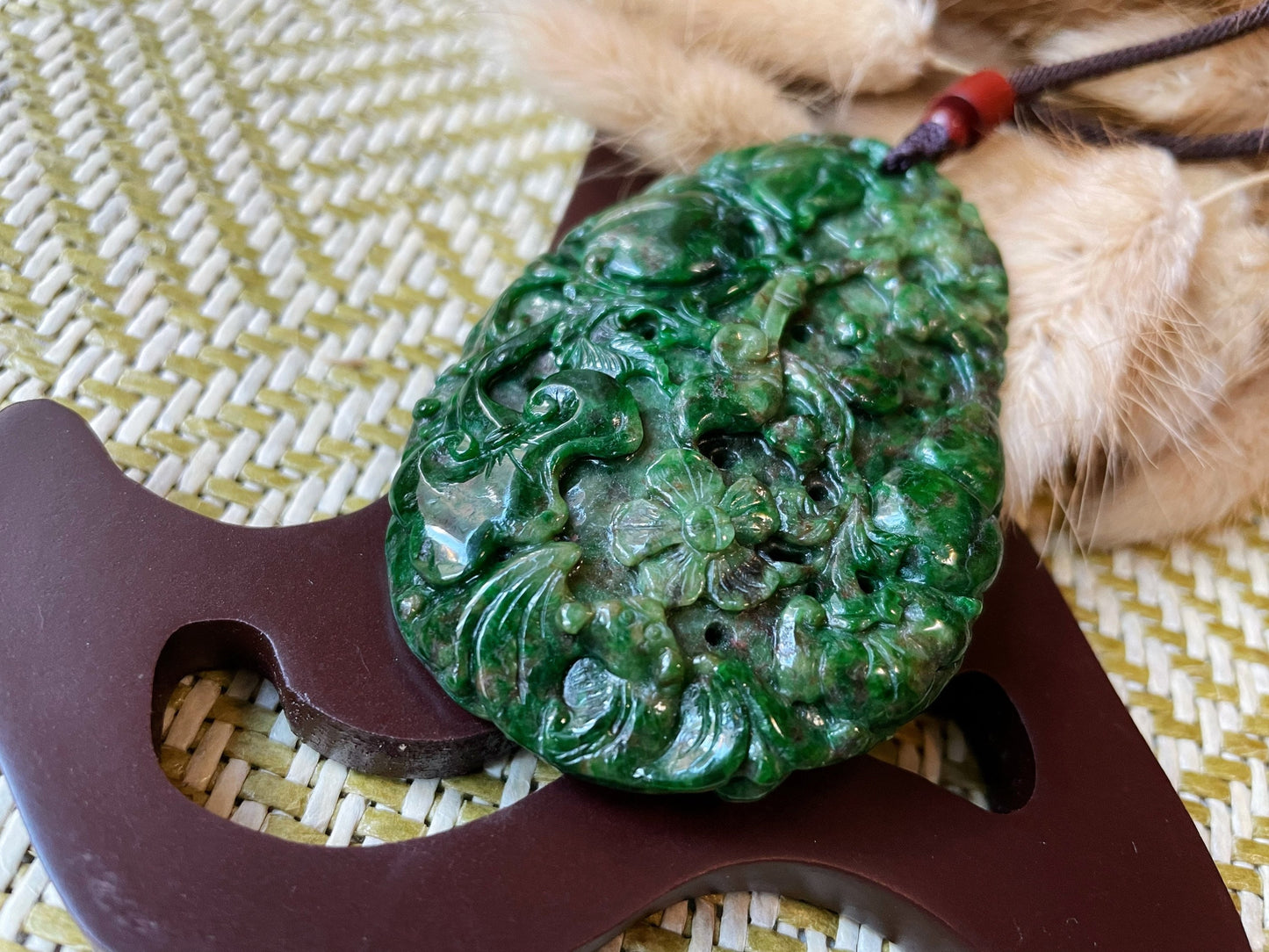 Green Jade Ruyi Necklace Pendant - Longetivity Jade Peach Flower Bat Design