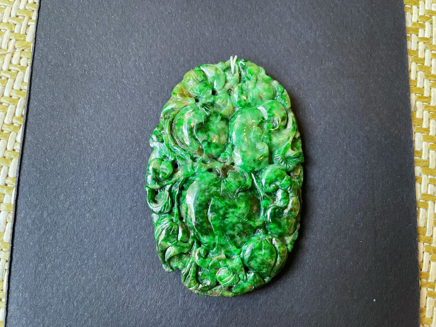 Vivid Green Jade Ruyi Pendant - Longevity Peach Flower Bat