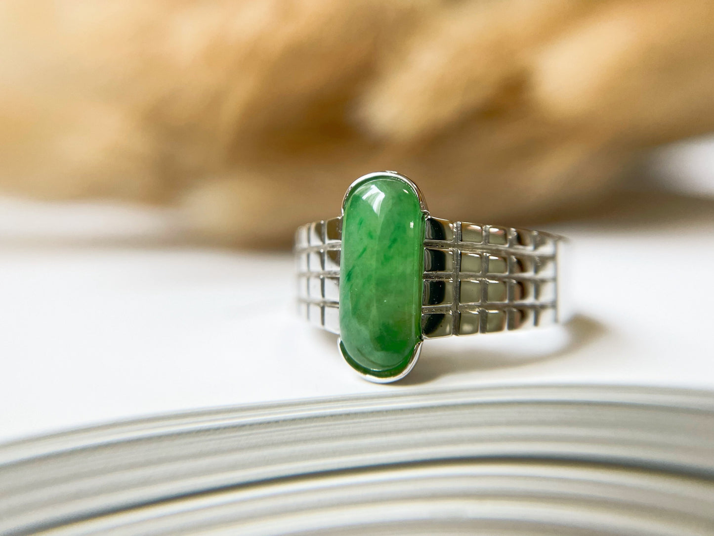 Natural Green Jadeite Silver Band Ring