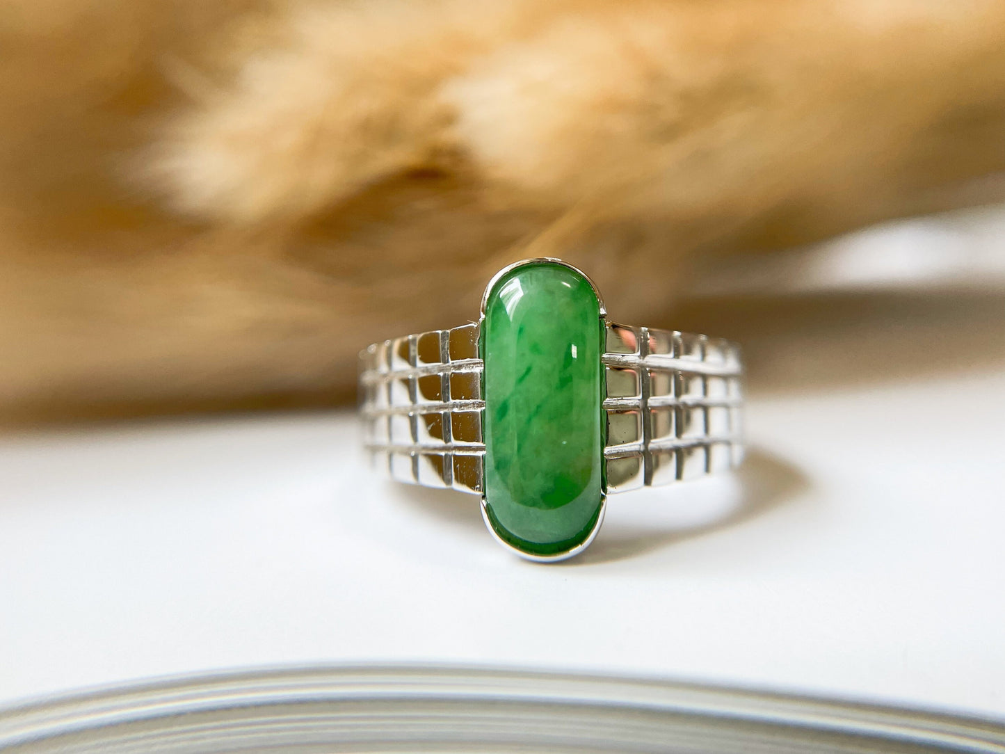 Natural Green Jadeite Silver Band Ring