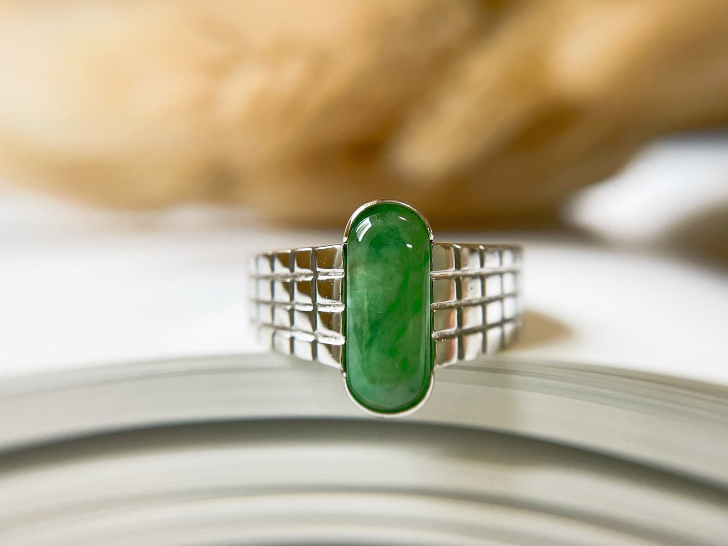 Natural Green Jadeite Silver Band Ring