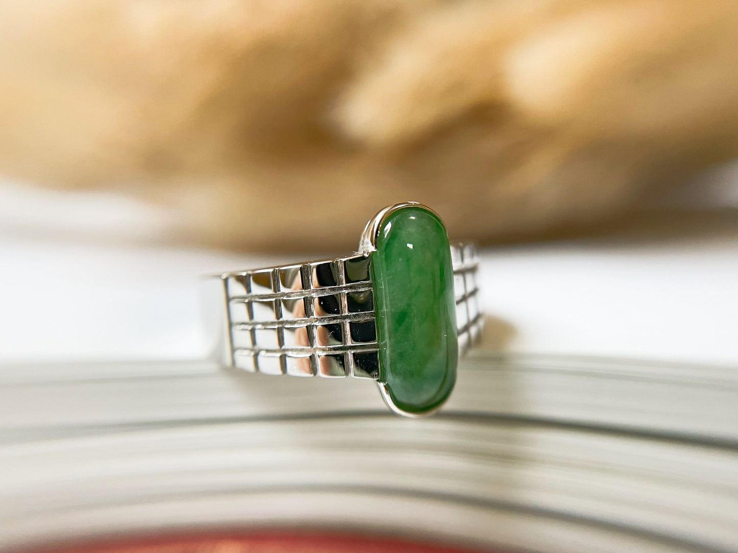 Natural Green Jadeite Silver Band Ring