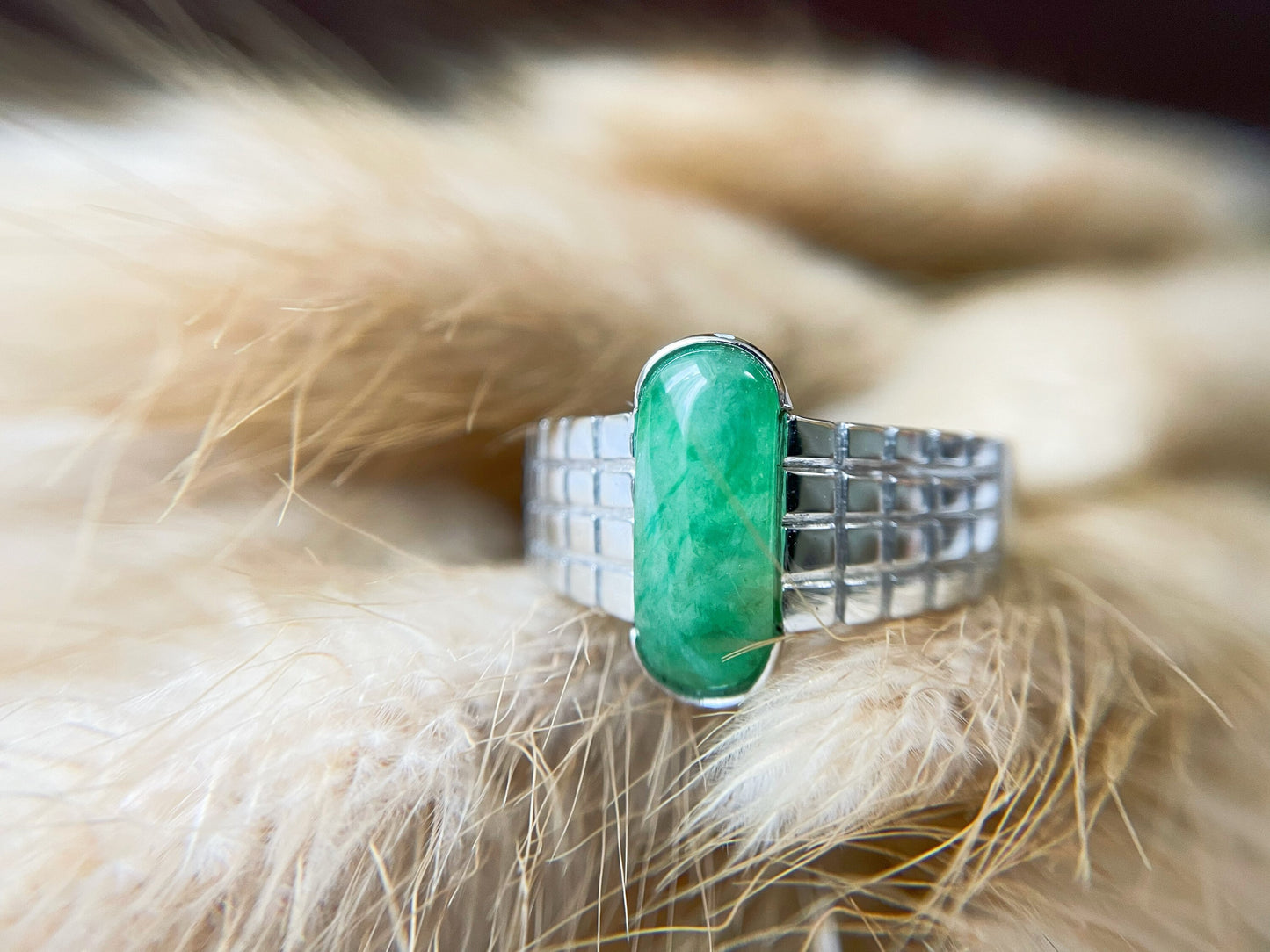 Natural Green Jadeite Silver Band Ring