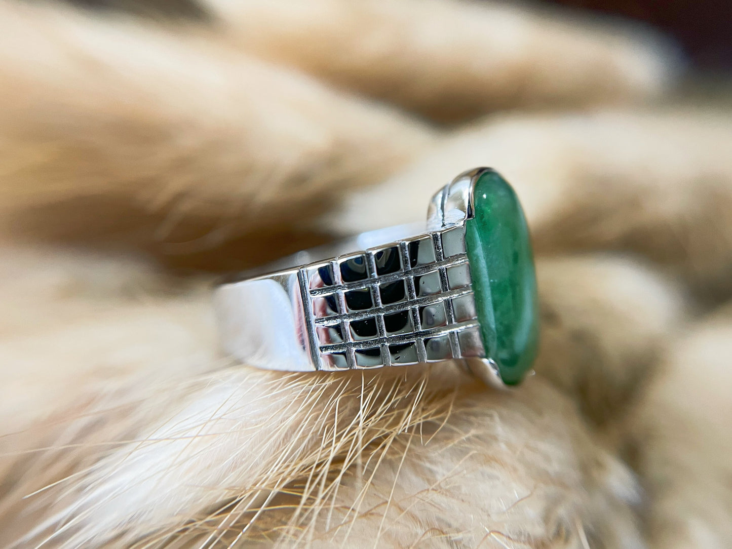 Natural Green Jadeite Silver Band Ring