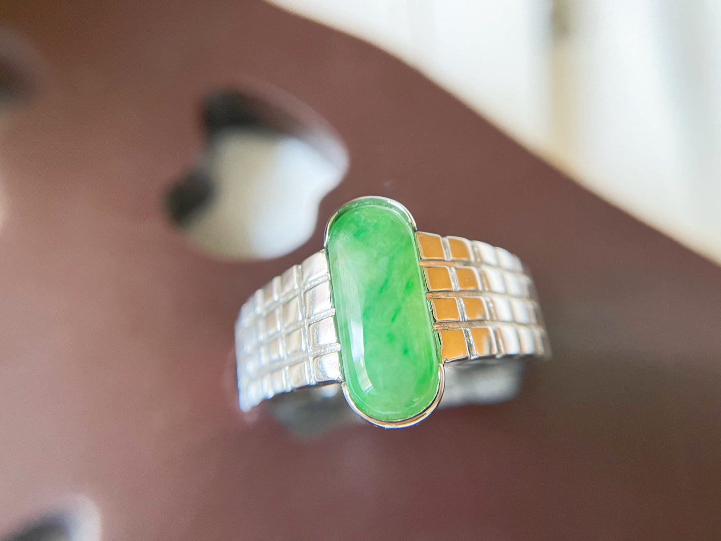 Natural Green Jadeite Silver Band Ring