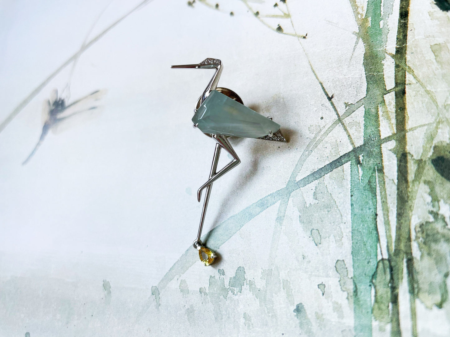 Icy Jadeite Crane Brooch - Symbol of Longevity