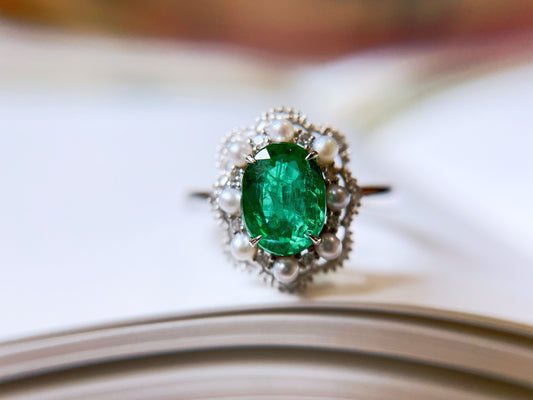 Certified Natural Muzo Green Emerald and Diamond 18k White Gold Ring