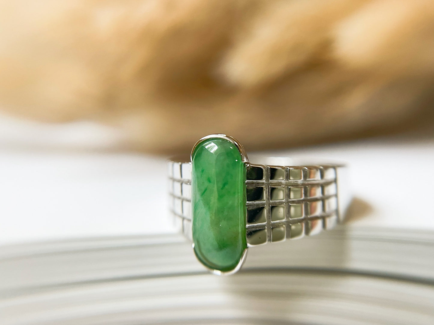 Natural Green Jadeite Silver Band Ring