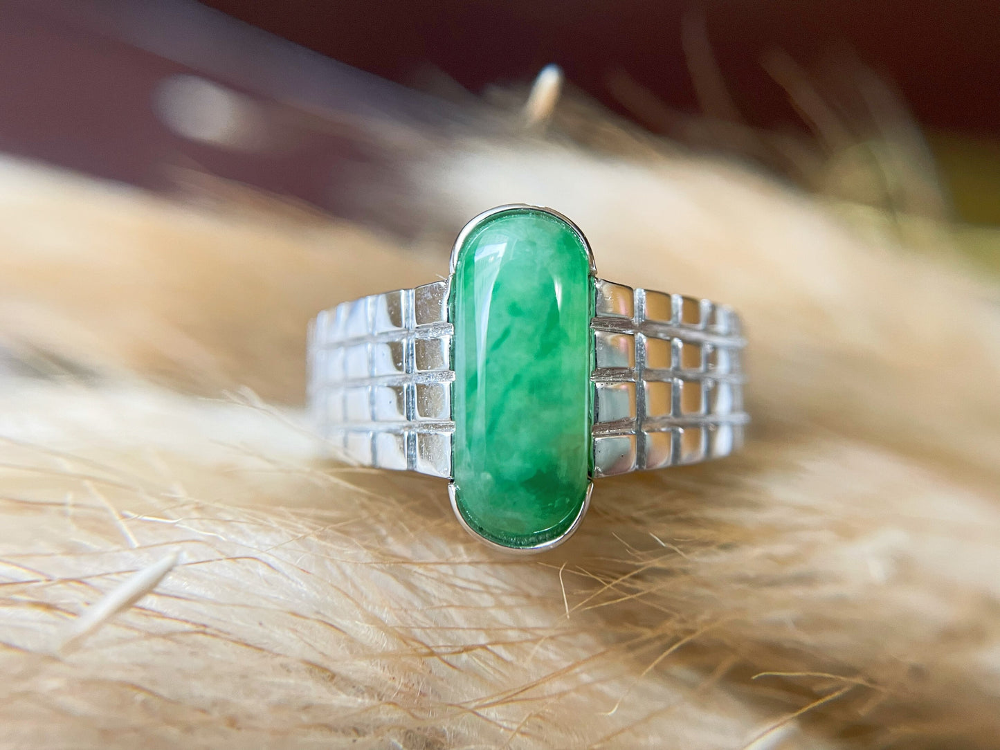 Natural Green Jadeite Silver Band Ring