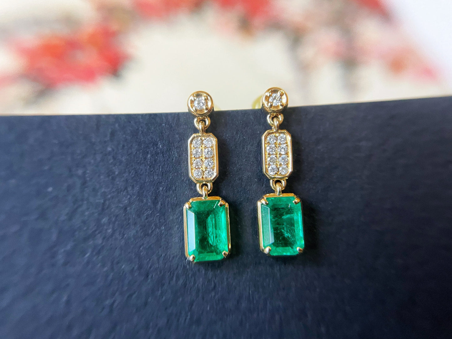 18k Yellow Gold Emerald and Diamond Drop Earrings