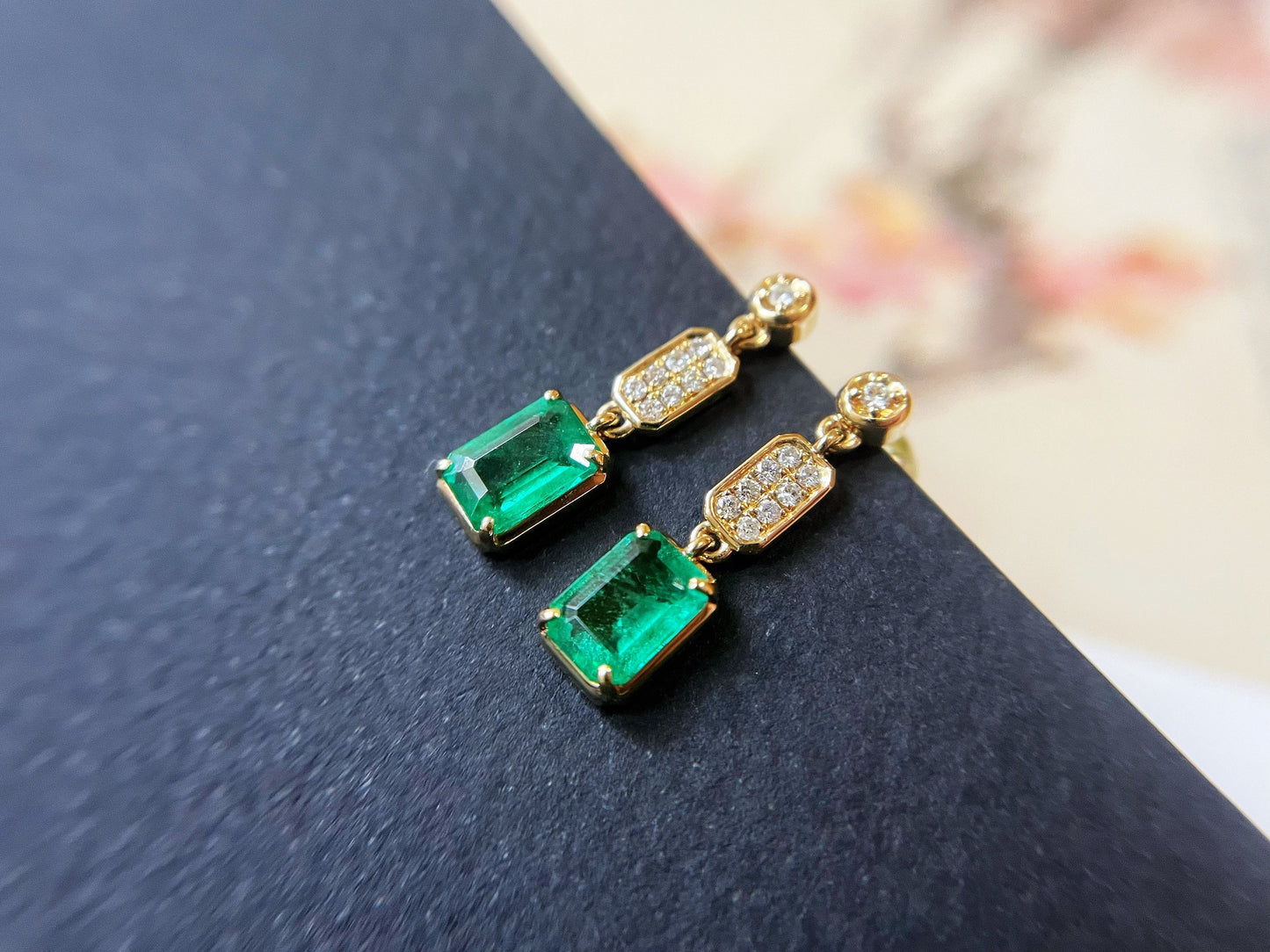 18k Yellow Gold Emerald and Diamond Drop Earrings