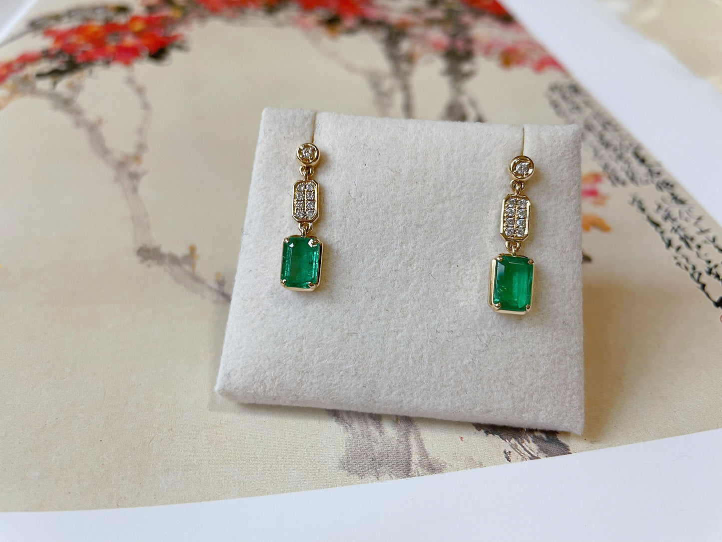 18k Yellow Gold Emerald and Diamond Drop Earrings