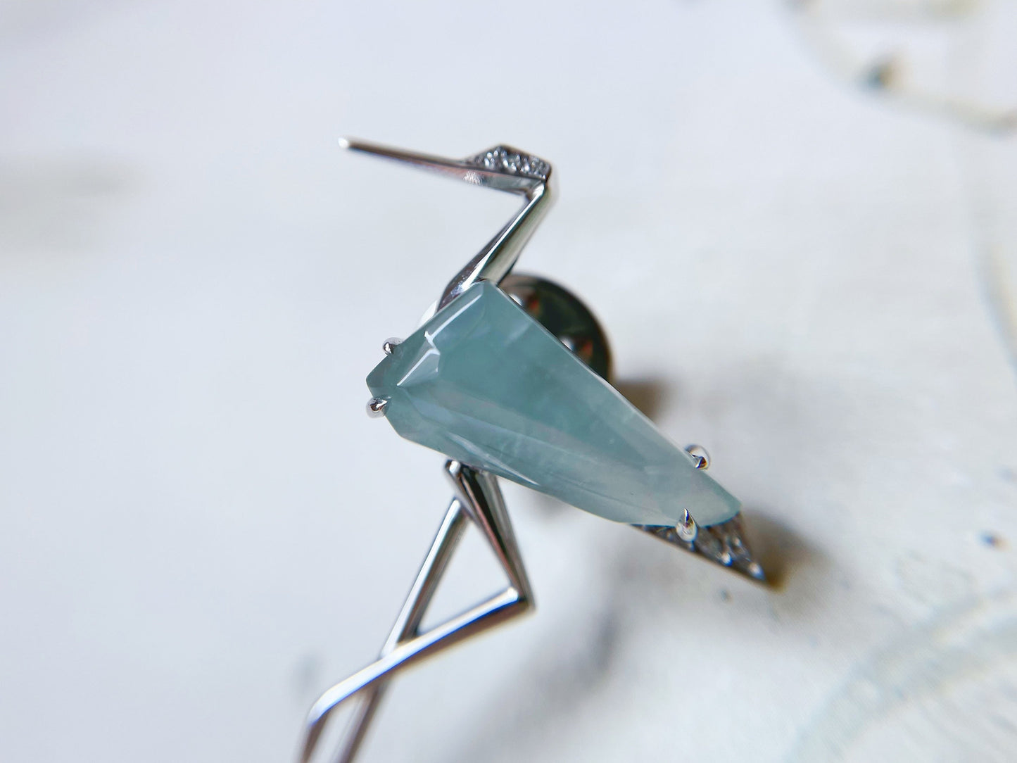 Icy Jadeite Crane Brooch - Symbol of Longevity