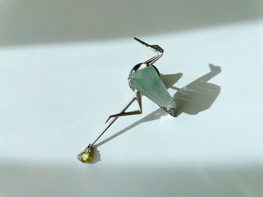 Icy Jadeite Crane Brooch - Symbol of Longevity