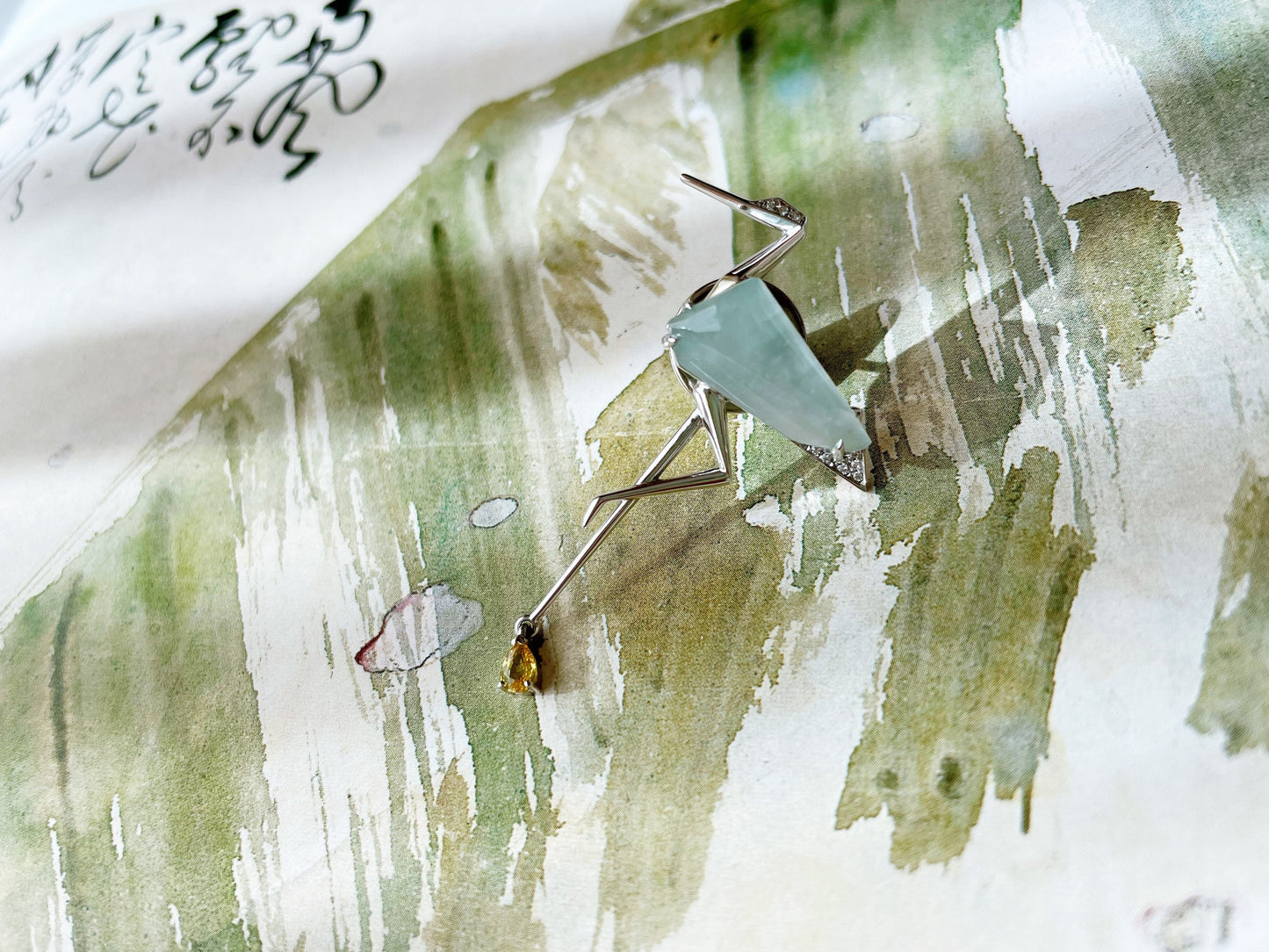 Icy Jadeite Crane Brooch - Symbol of Longevity