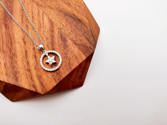 Diamond Platinum Pendant Necklace - Star and Circle Pave Halo