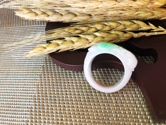 Tri-color Natural Myanmar Apple Green Jadeite Jade Carved Ring Band