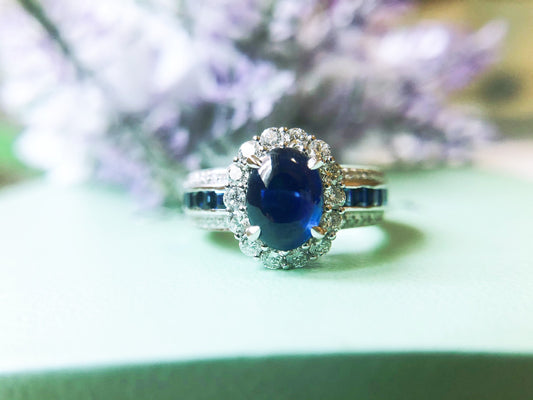 Natural Blue Sapphire Cabochon in 18k White Gold Diamond Ring