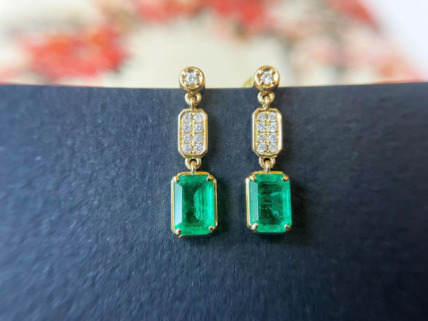 18k Yellow Gold Emerald and Diamond Drop Earrings