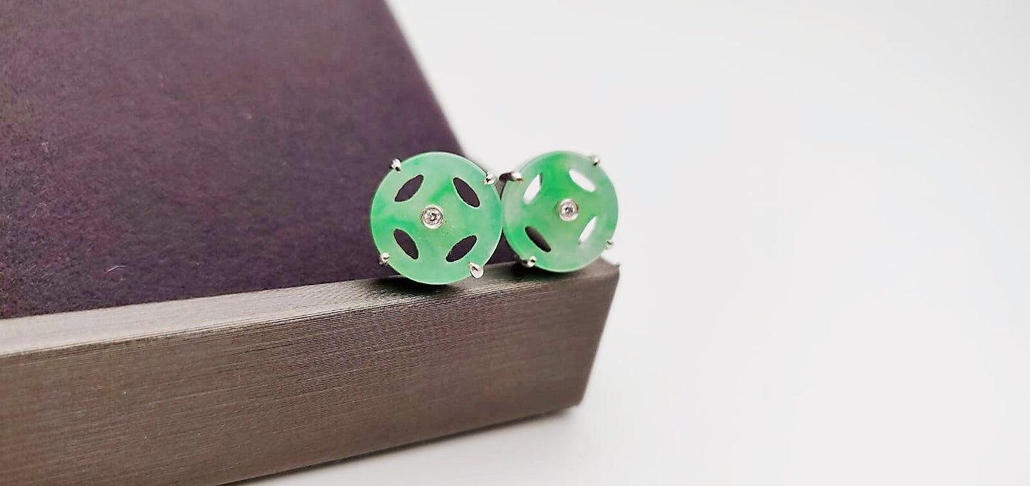 Vivid Green Jadeite Ancient Coin Ear Studs