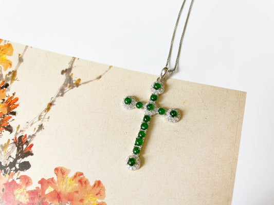 Green Jadeite Jade Cross Pendant Necklace