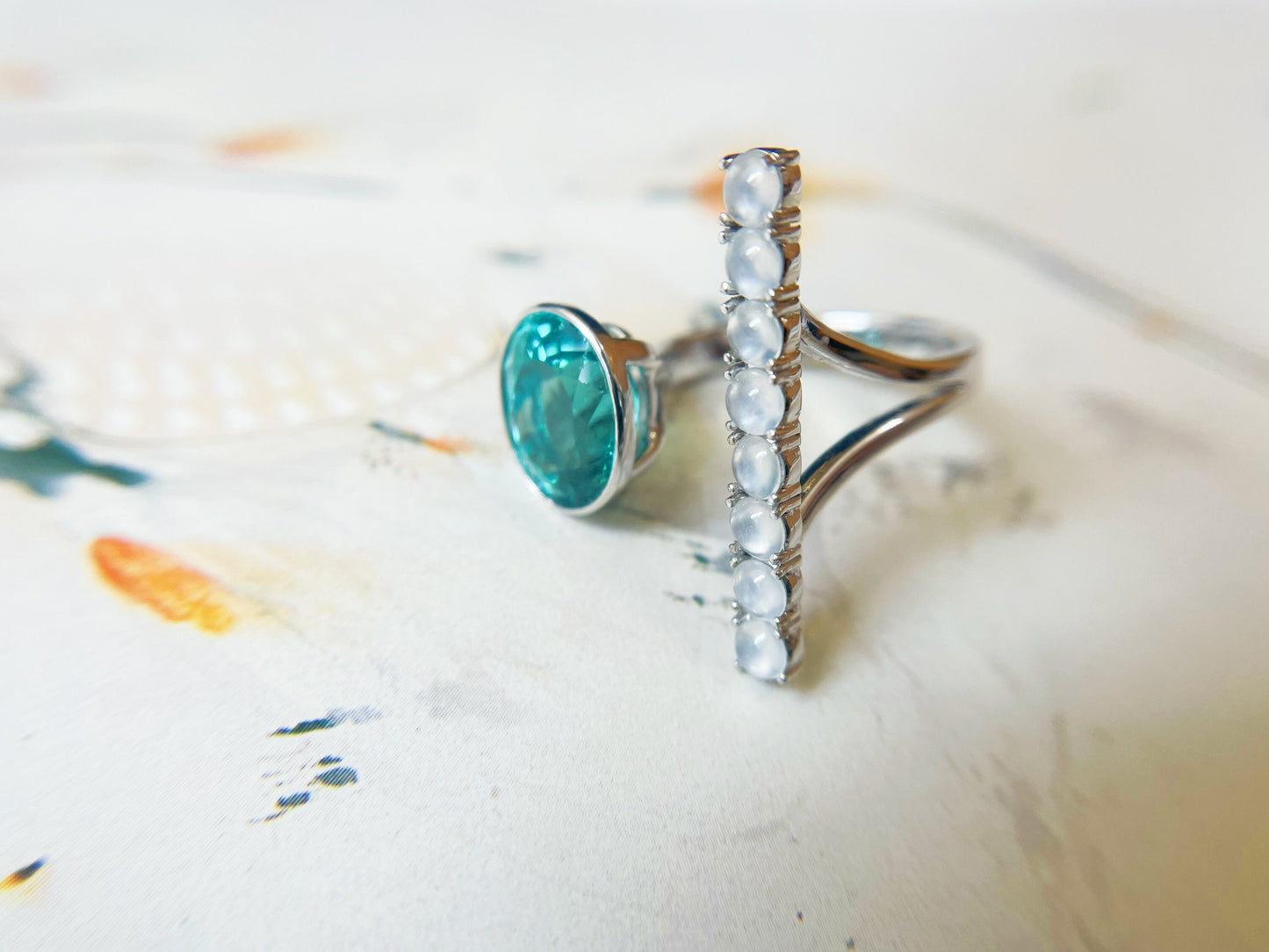 Natural Blue Apatite and Jadeite 18K White Gold Ring