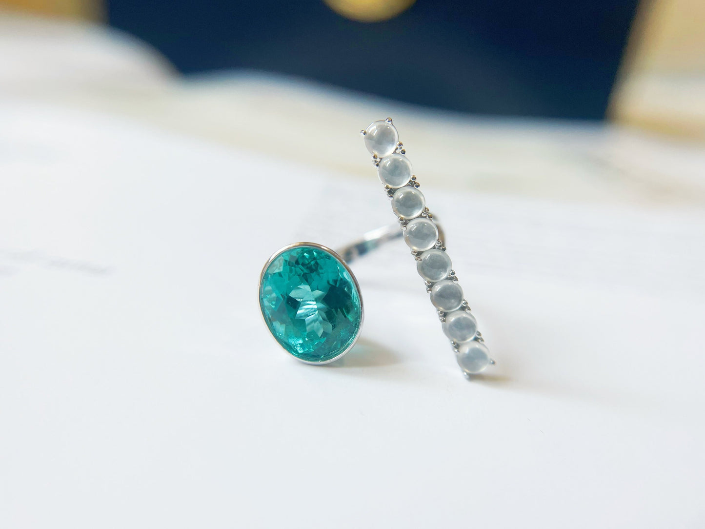 Natural Blue Apatite and Jadeite 18K White Gold Ring