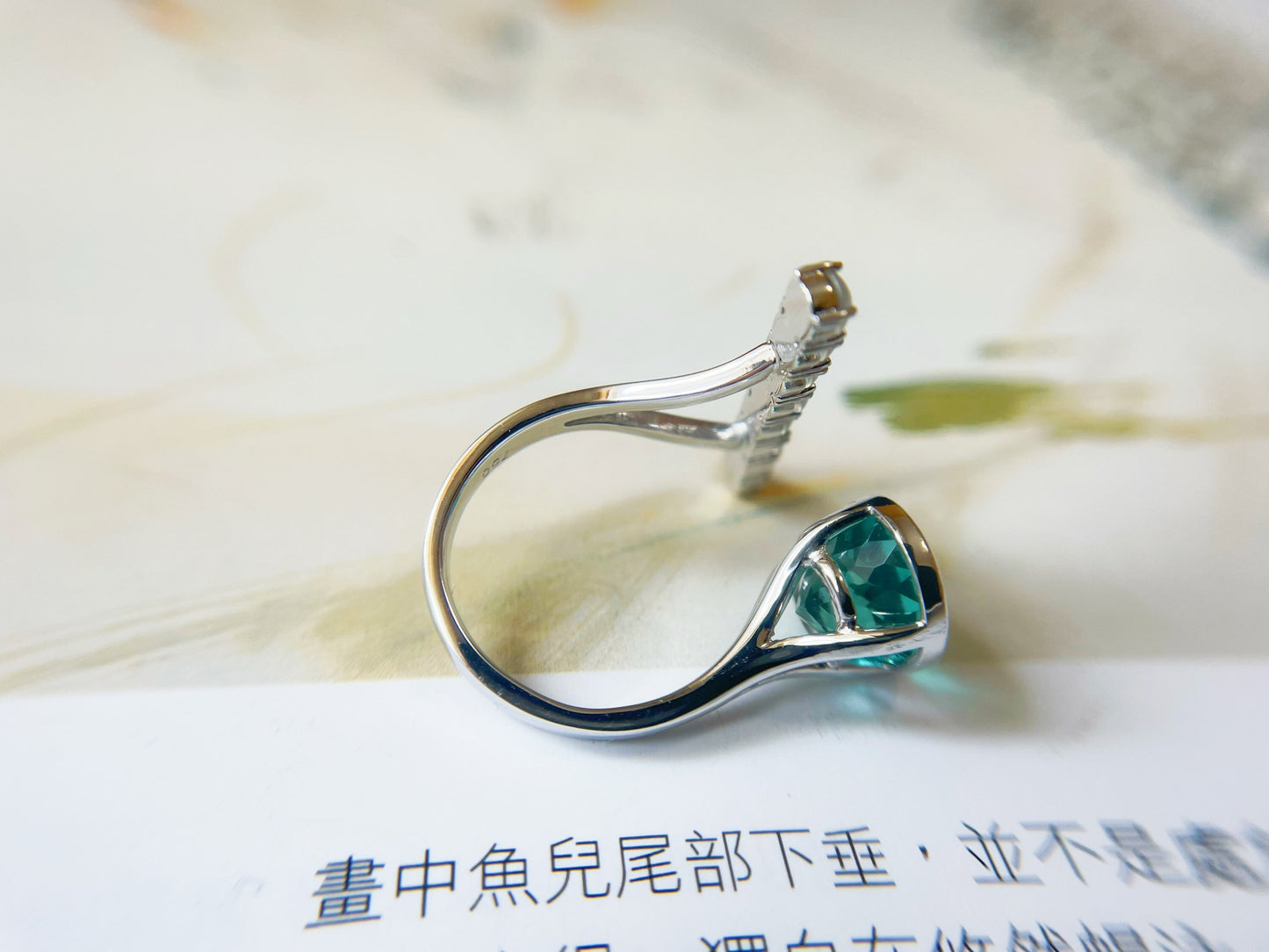 Natural Blue Apatite and Jadeite 18K White Gold Ring