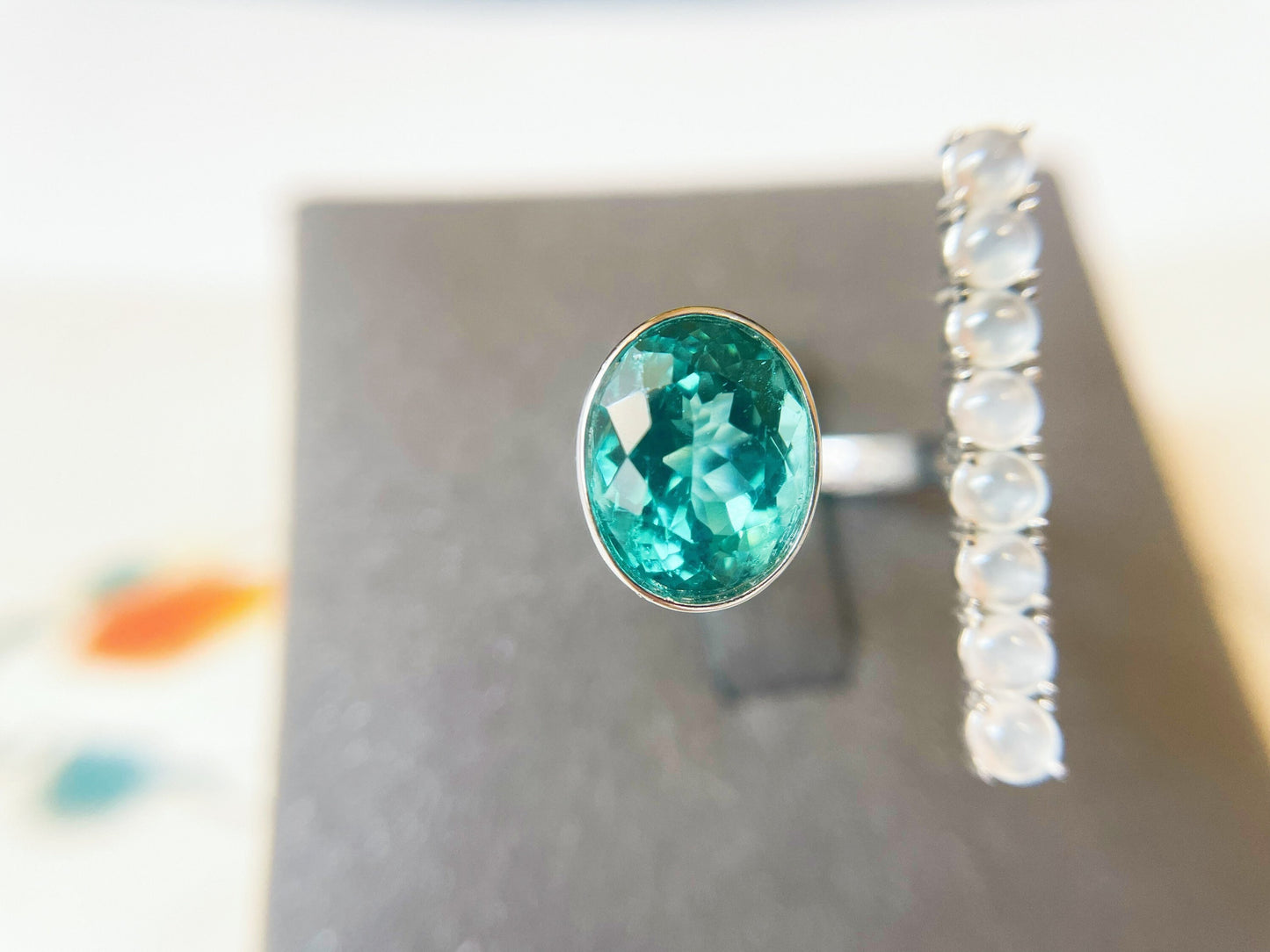 Natural Blue Apatite and Jadeite 18K White Gold Ring