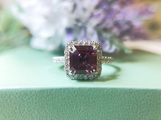 Lavender Spinel Diamond Halo Ring in 18K White Gold