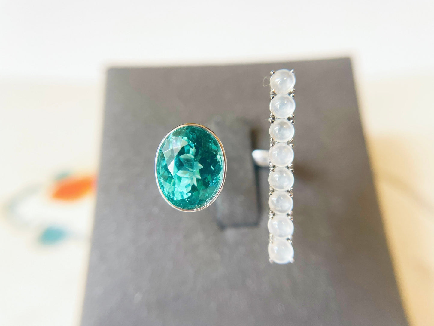 Natural Blue Apatite and Jadeite 18K White Gold Ring