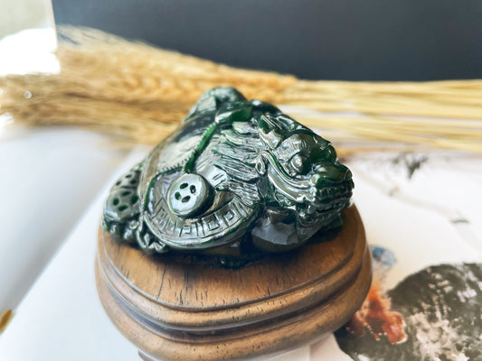 Handcrafted Dragon Turtle Jade Sculpture - Feng Shui Statue