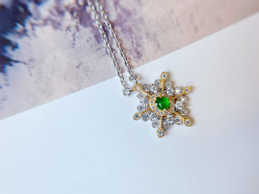 Sterling Silver Snowflake Pendant with Imperial Green Jadeite Jade