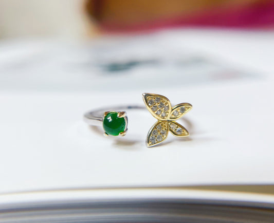 Bague ouverte papillon en jade vert impérial