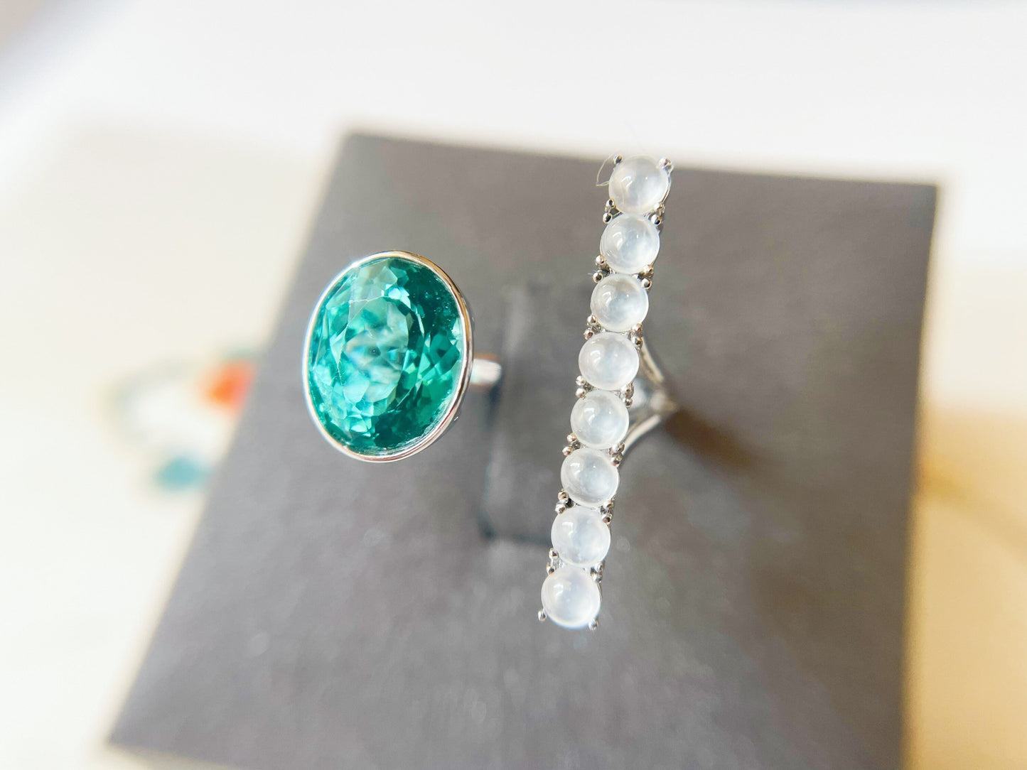 Natural Blue Apatite and Jadeite 18K White Gold Ring