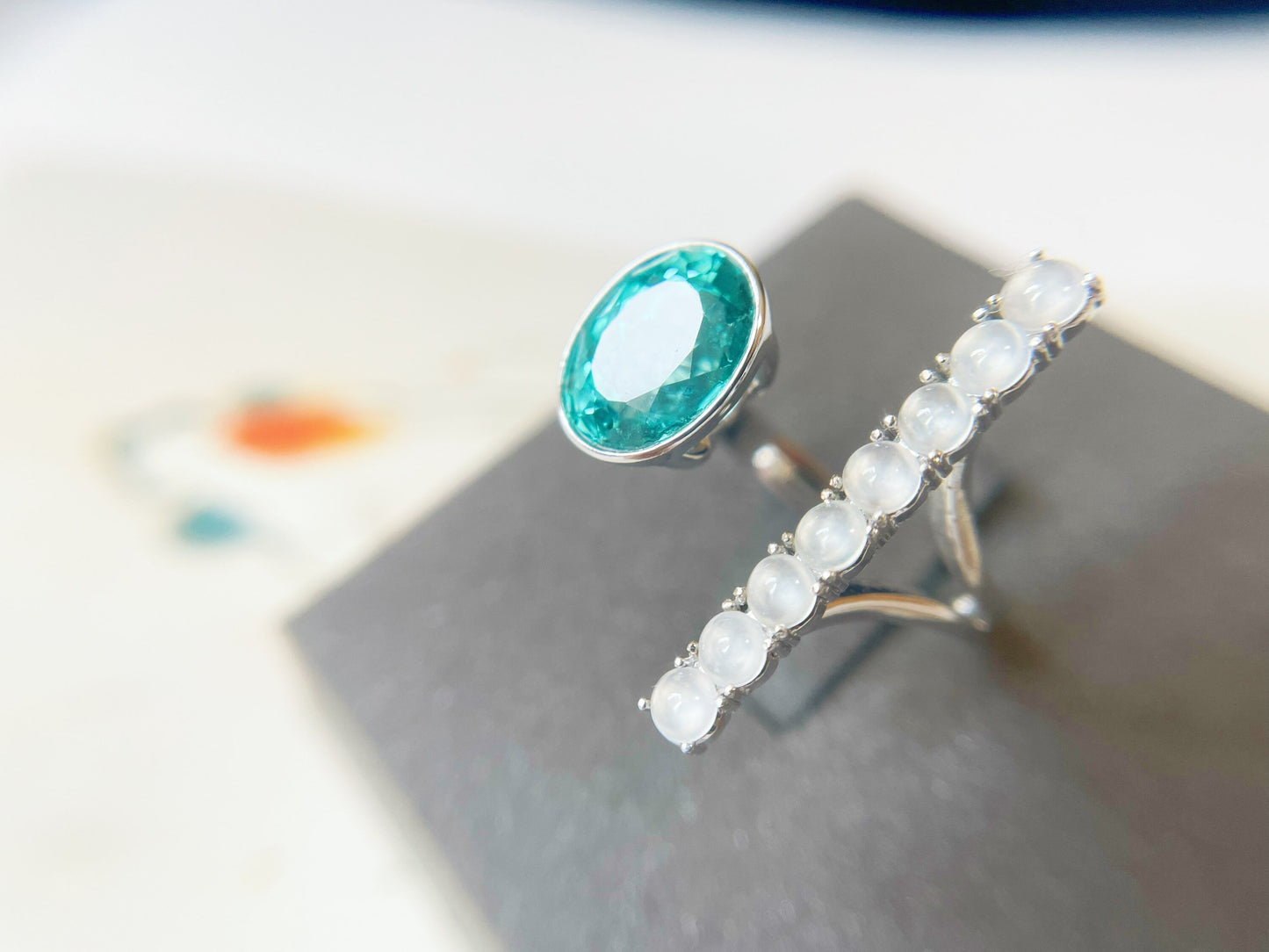 Natural Blue Apatite and Jadeite 18K White Gold Ring