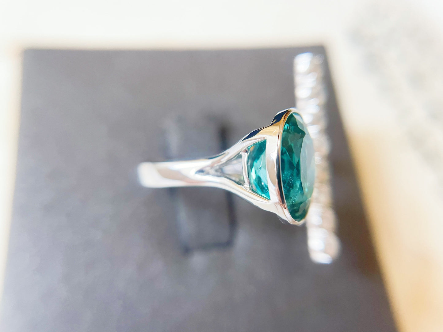 Natural Blue Apatite and Jadeite 18K White Gold Ring